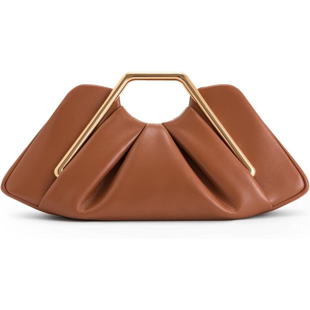 Luxury Brown Vegan Leather Clutch With Gold Hardware - Perfect For Events